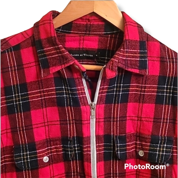 Raised by Wolves Red Black Plaid Flannel Zip Up Jacket - Picture 2 of 8